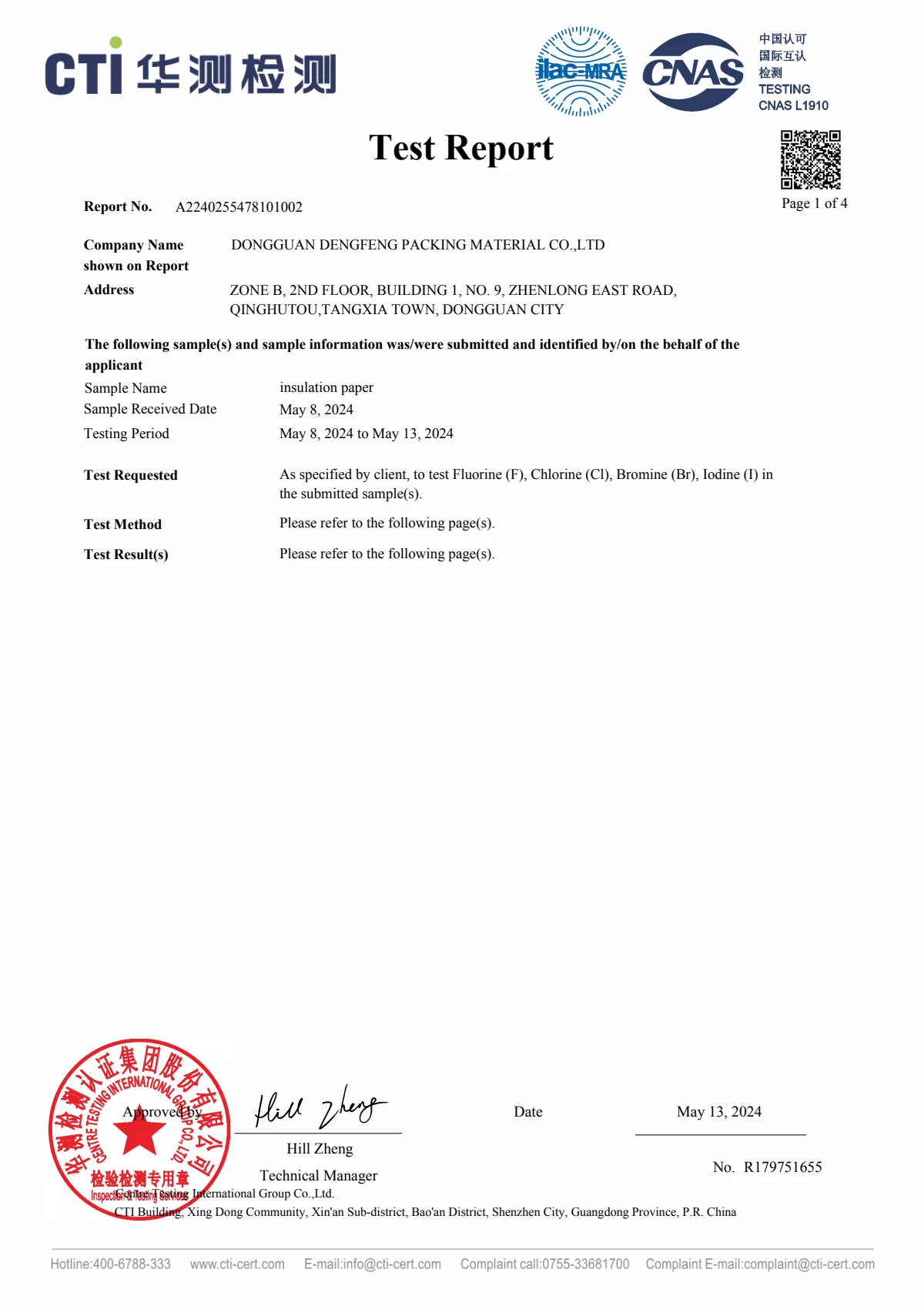 California Proposition 65 test report for insulation paper